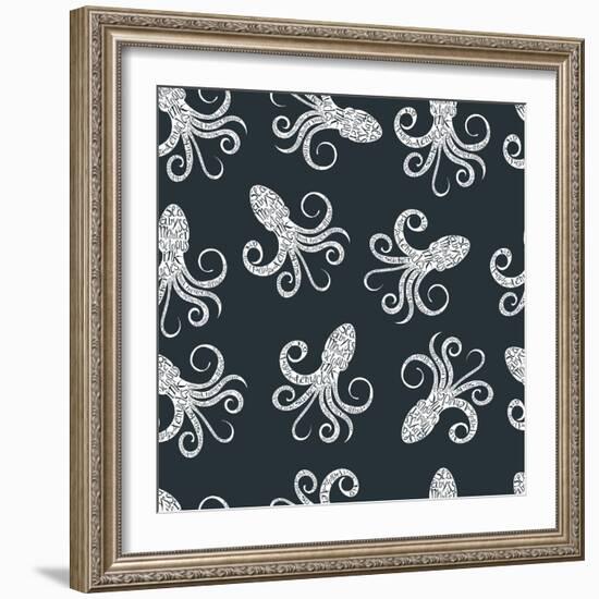 Vintage Seamless Pattern with Typography Monochrome Octopus Silhouette, and Hand Drawn Style Font.-Vitaliy Zuyenko-Framed Art Print