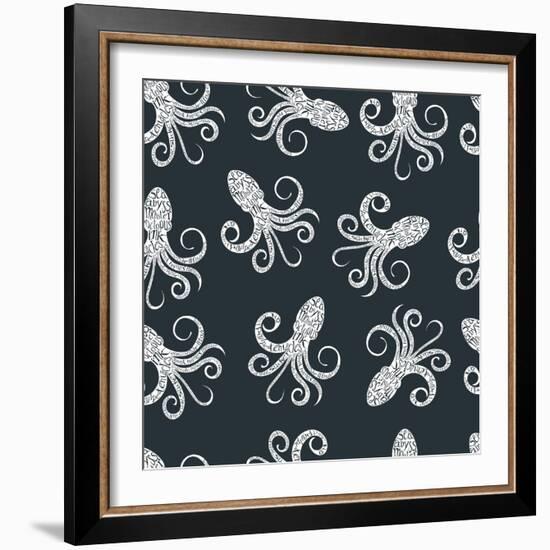 Vintage Seamless Pattern with Typography Monochrome Octopus Silhouette, and Hand Drawn Style Font.-Vitaliy Zuyenko-Framed Art Print