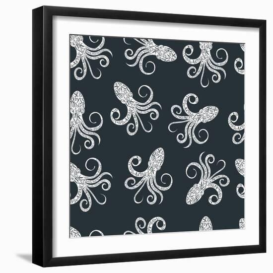 Vintage Seamless Pattern with Typography Monochrome Octopus Silhouette, and Hand Drawn Style Font.-Vitaliy Zuyenko-Framed Art Print