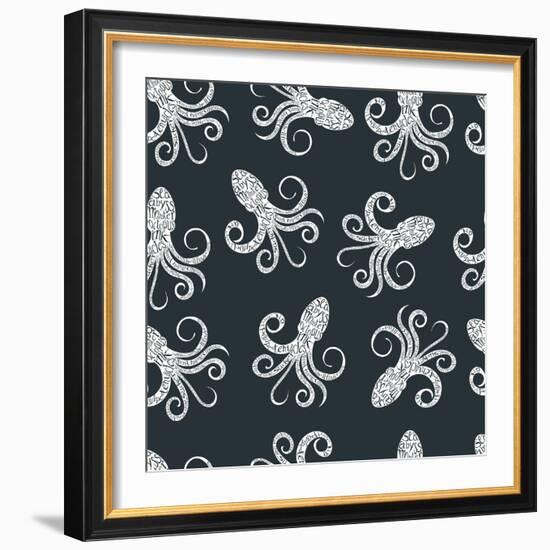 Vintage Seamless Pattern with Typography Monochrome Octopus Silhouette, and Hand Drawn Style Font.-Vitaliy Zuyenko-Framed Art Print