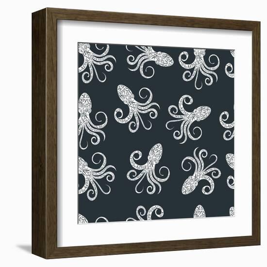 Vintage Seamless Pattern with Typography Monochrome Octopus Silhouette, and Hand Drawn Style Font.-Vitaliy Zuyenko-Framed Art Print