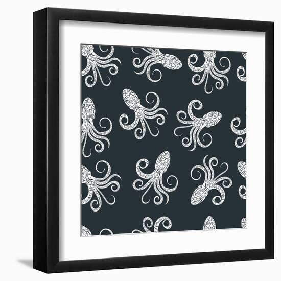 Vintage Seamless Pattern with Typography Monochrome Octopus Silhouette, and Hand Drawn Style Font.-Vitaliy Zuyenko-Framed Art Print