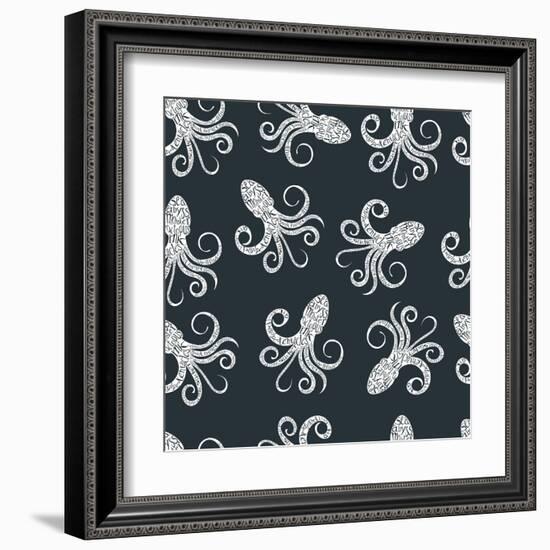 Vintage Seamless Pattern with Typography Monochrome Octopus Silhouette, and Hand Drawn Style Font.-Vitaliy Zuyenko-Framed Art Print