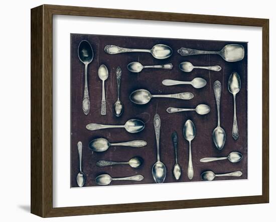 Vintage Set of Dessert Spoons on a Dark Background-Evgeniya Porechenskaya-Framed Photographic Print