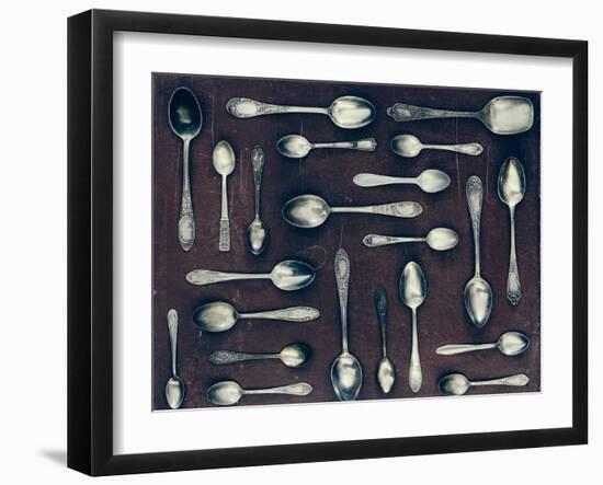 Vintage Set of Dessert Spoons on a Dark Background-Evgeniya Porechenskaya-Framed Photographic Print