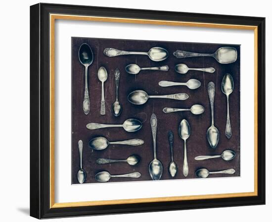 Vintage Set of Dessert Spoons on a Dark Background-Evgeniya Porechenskaya-Framed Photographic Print
