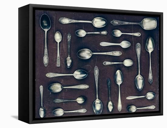 Vintage Set of Dessert Spoons on a Dark Background-Evgeniya Porechenskaya-Framed Premier Image Canvas