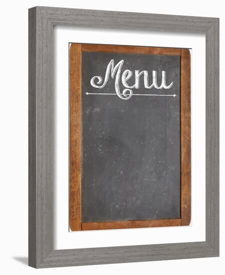 Vintage Slate Blackboard in Wood Frame with White Chalk Smudges Used a Restaurant Menu-PixelsAway-Framed Art Print