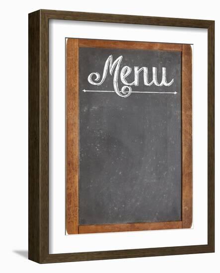 Vintage Slate Blackboard in Wood Frame with White Chalk Smudges Used a Restaurant Menu-PixelsAway-Framed Art Print