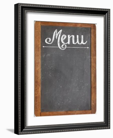 Vintage Slate Blackboard in Wood Frame with White Chalk Smudges Used a Restaurant Menu-PixelsAway-Framed Art Print