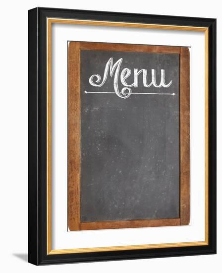 Vintage Slate Blackboard in Wood Frame with White Chalk Smudges Used a Restaurant Menu-PixelsAway-Framed Art Print