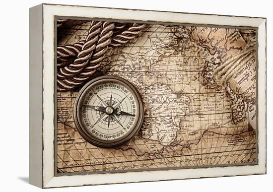 Vintage Still Life With Compass And Old Map-scorpp-Framed Stretched Canvas