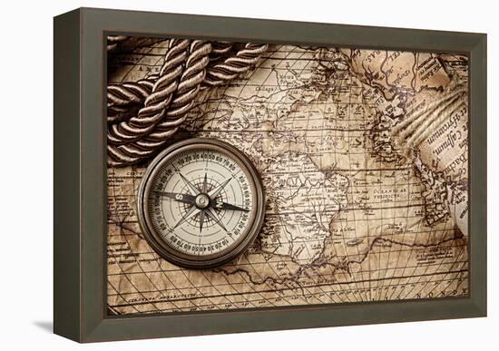 Vintage Still Life With Compass And Old Map-scorpp-Framed Stretched Canvas