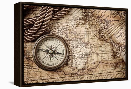 Vintage Still Life With Compass And Old Map-scorpp-Framed Stretched Canvas