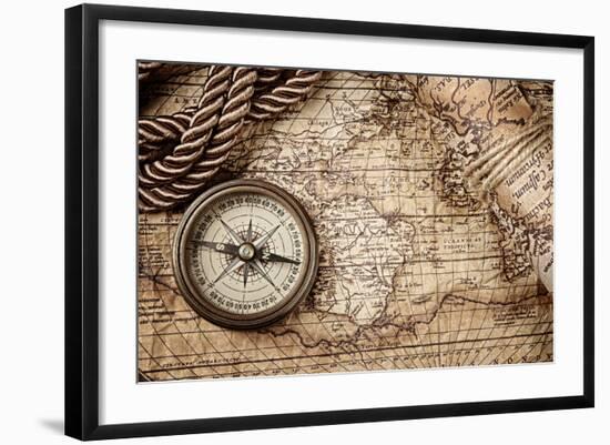 Vintage Still Life With Compass And Old Map-scorpp-Framed Premium Giclee Print
