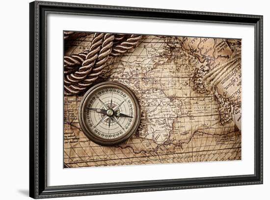 Vintage Still Life With Compass And Old Map-scorpp-Framed Art Print