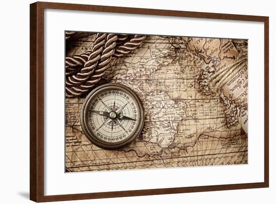 Vintage Still Life With Compass And Old Map-scorpp-Framed Art Print