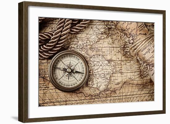 Vintage Still Life With Compass And Old Map-scorpp-Framed Art Print