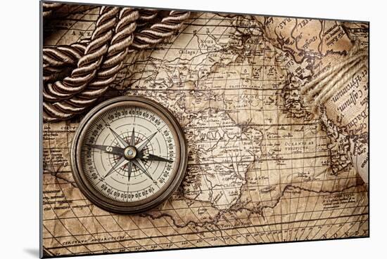 Vintage Still Life With Compass And Old Map-scorpp-Mounted Art Print