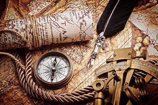 Vintage Still Life With Compass Sextant And Old Map Map Used For Background Is In Public Domain Ma Photographic Print By Scorpp Art Com