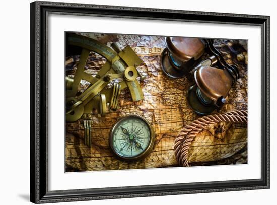 Vintage Still Life With Compass,Sextant And Old Map-scorpp-Framed Art Print