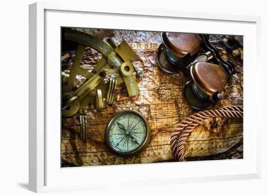 Vintage Still Life With Compass,Sextant And Old Map-scorpp-Framed Art Print