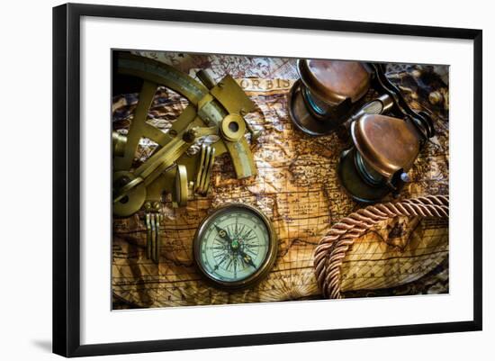 Vintage Still Life With Compass,Sextant And Old Map-scorpp-Framed Art Print