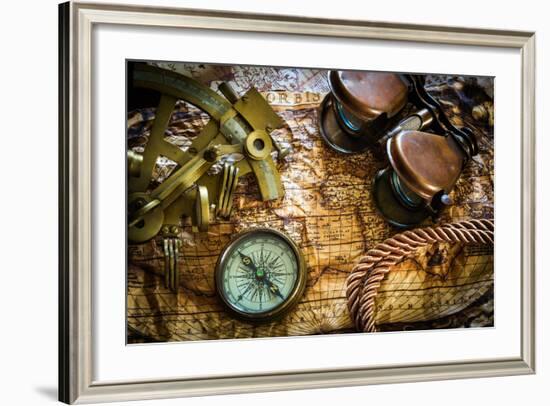 Vintage Still Life With Compass,Sextant And Old Map-scorpp-Framed Art Print