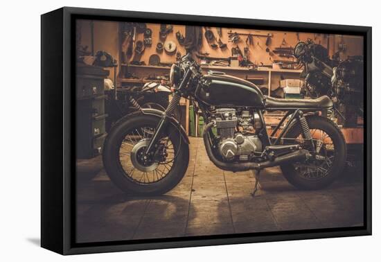 Vintage Style Cafe-Racer Motorcycle in Customs Garage-NejroN Photo-Framed Premier Image Canvas