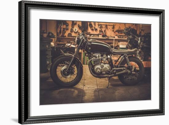 Vintage Style Cafe-Racer Motorcycle in Customs Garage-NejroN Photo-Framed Photographic Print