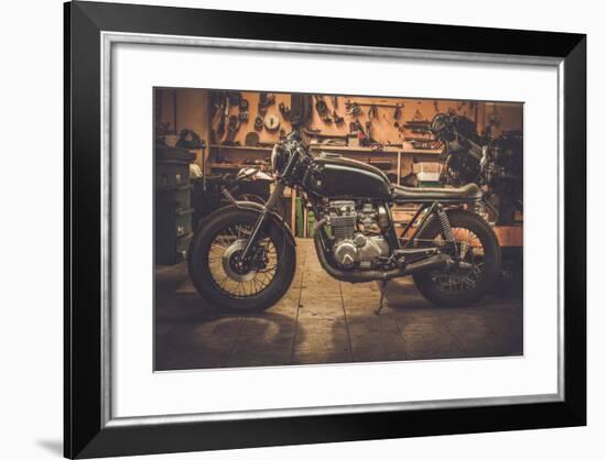 Vintage Style Cafe-Racer Motorcycle in Customs Garage-NejroN Photo-Framed Photographic Print