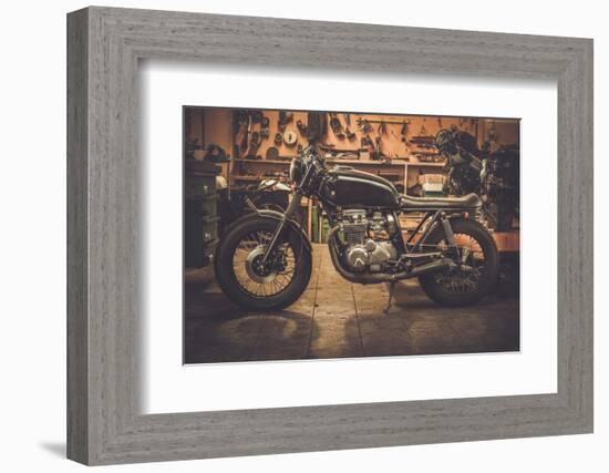 Vintage Style Cafe-Racer Motorcycle in Customs Garage-NejroN Photo-Framed Photographic Print