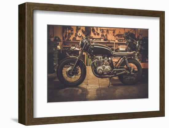 Vintage Style Cafe-Racer Motorcycle in Customs Garage-NejroN Photo-Framed Photographic Print