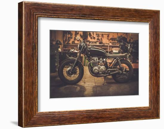 Vintage Style Cafe-Racer Motorcycle in Customs Garage-NejroN Photo-Framed Photographic Print