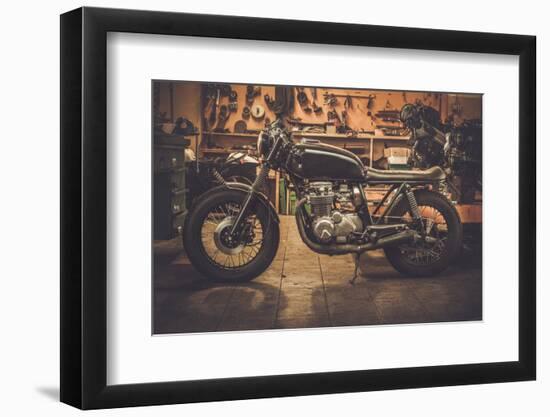 Vintage Style Cafe-Racer Motorcycle in Customs Garage-NejroN Photo-Framed Photographic Print