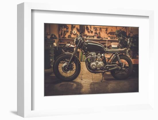 Vintage Style Cafe-Racer Motorcycle in Customs Garage-NejroN Photo-Framed Photographic Print