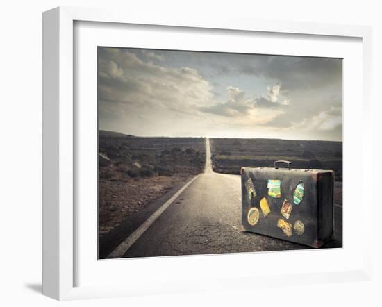 Vintage Suitcase on a Deserted Road-olly2-Framed Photographic Print