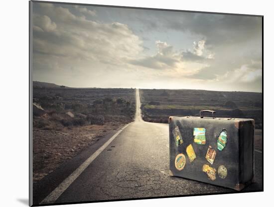 Vintage Suitcase on a Deserted Road-olly2-Mounted Photographic Print