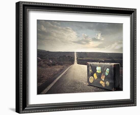 Vintage Suitcase on a Deserted Road-olly2-Framed Photographic Print