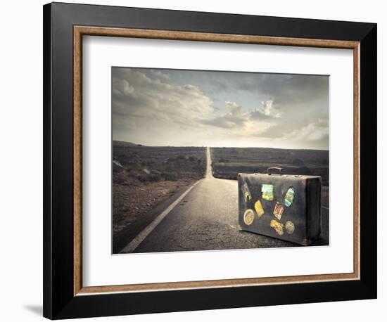 Vintage Suitcase on a Deserted Road-olly2-Framed Photographic Print