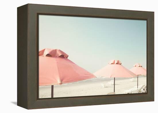 Vintage Summer Beach with Pink Pastel Parasols-Andrekart Photography-Framed Premier Image Canvas