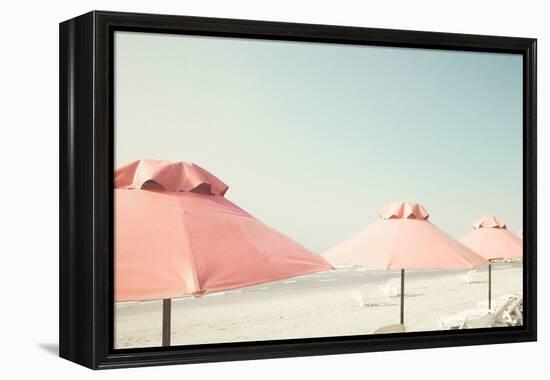 Vintage Summer Beach with Pink Pastel Parasols-Andrekart Photography-Framed Premier Image Canvas