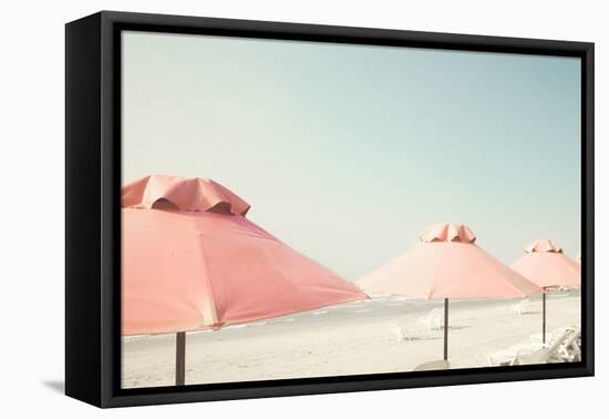 Vintage Summer Beach with Pink Pastel Parasols-Andrekart Photography-Framed Premier Image Canvas
