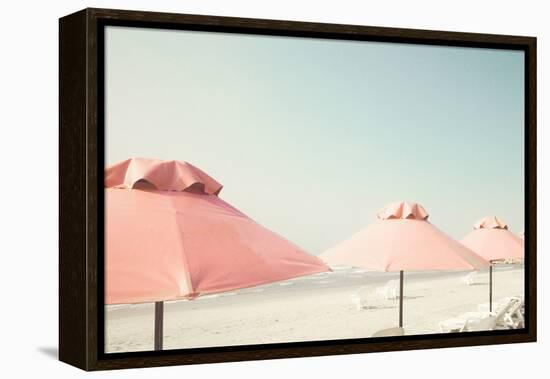 Vintage Summer Beach with Pink Pastel Parasols-Andrekart Photography-Framed Premier Image Canvas