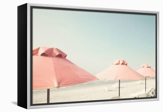 Vintage Summer Beach with Pink Pastel Parasols-Andrekart Photography-Framed Premier Image Canvas