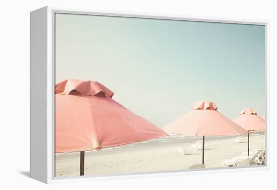 Vintage Summer Beach with Pink Pastel Parasols-Andrekart Photography-Framed Premier Image Canvas