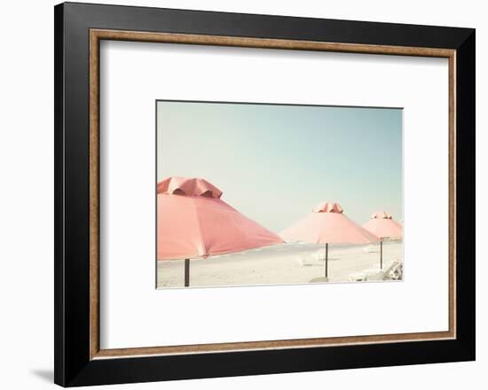 Vintage Summer Beach with Pink Pastel Parasols-Andrekart Photography-Framed Photographic Print