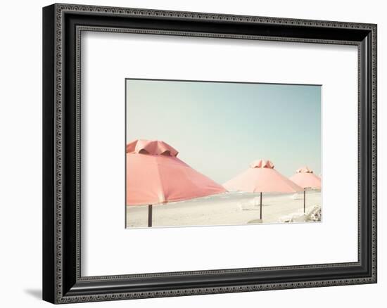 Vintage Summer Beach with Pink Pastel Parasols-Andrekart Photography-Framed Photographic Print