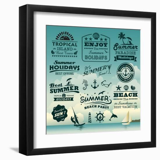 Vintage Summer Typography Design With Labels, Icons Elements Collection-Catherinecml-Framed Art Print