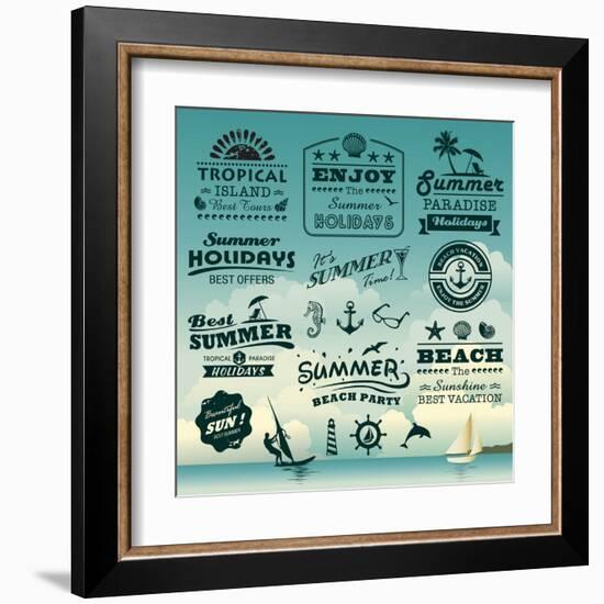 Vintage Summer Typography Design With Labels, Icons Elements Collection-Catherinecml-Framed Art Print